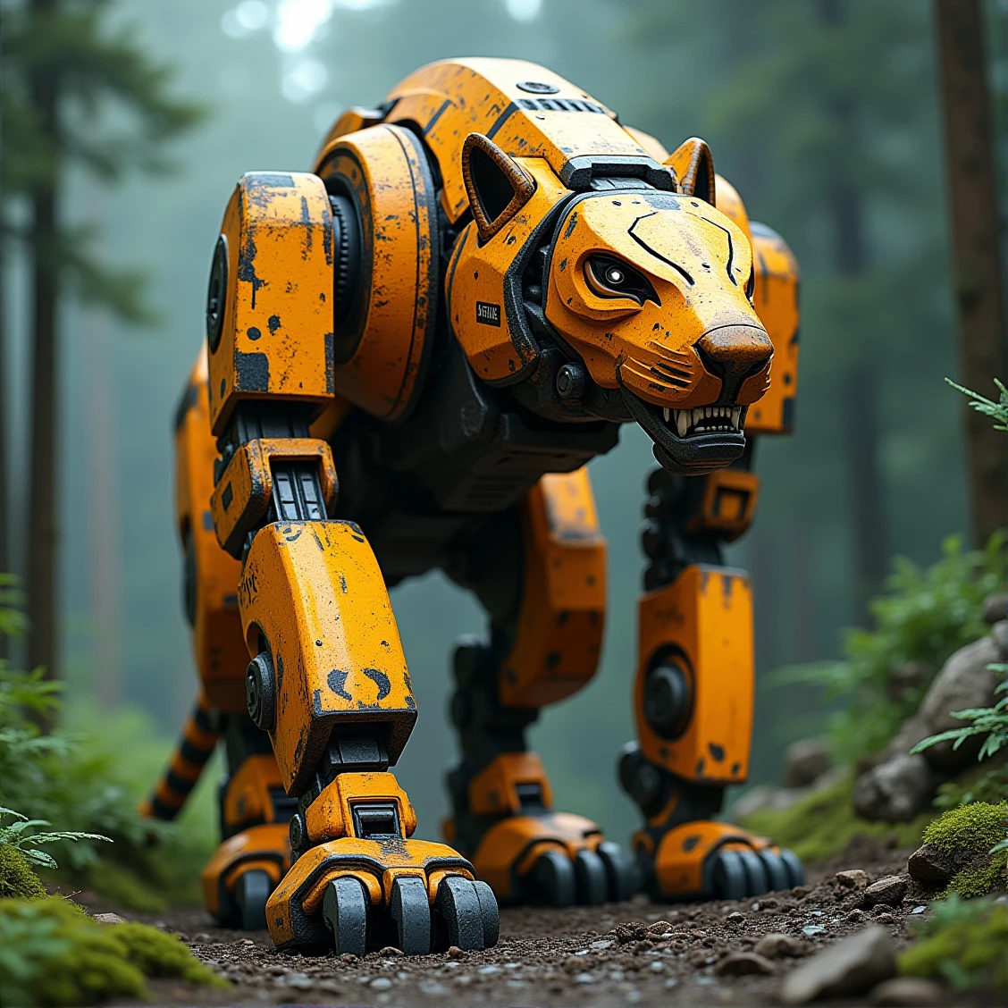 construction-style,a tiger-robot,walking in halo forest