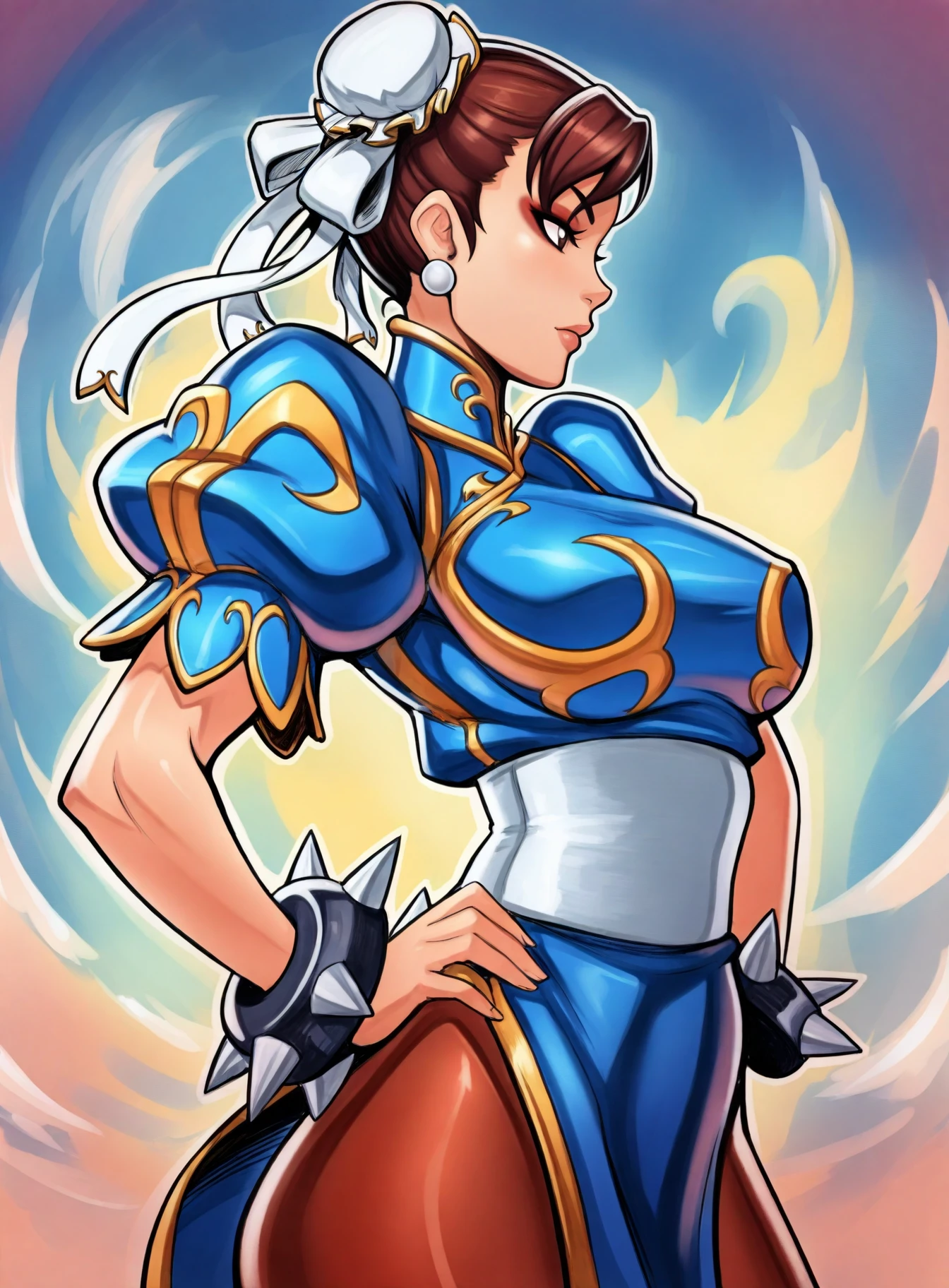 reiq,
masterpiece, best quality, very aesthetic, absurdres,
 profile of 1girl, chun-li, solo, view from far, brown hair, earrings, double hair bun, bun cover, blue chinese clothes, short sleeves , puffy short sleeves, brown eyes, breasts, eyeshadow, makeup, closed mouth, sash, medium breasts, bracelet, spikes, short hair, traditional media, painting , long shot,  <lora:ReiqIllustriousXL_byKonan:1>