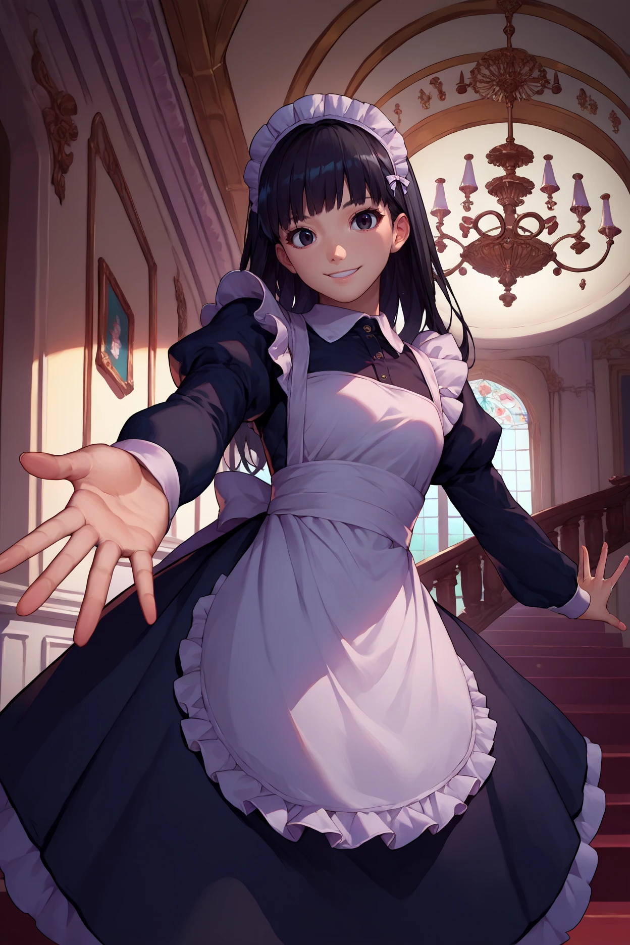 score_9, score_8_up, score_7_up, score_6_up, source_anime, 1girl, solo, <lora:tsukasaayatsuji-pdxl-nvwls-v1-000005:1> amagamitsu, black hair, long hair, black eyes, maid headdress, maid dress, puffy sleeves, long sleeves, apron, looking at you, outstretched hand, smile, indoors, mansion, chandelier