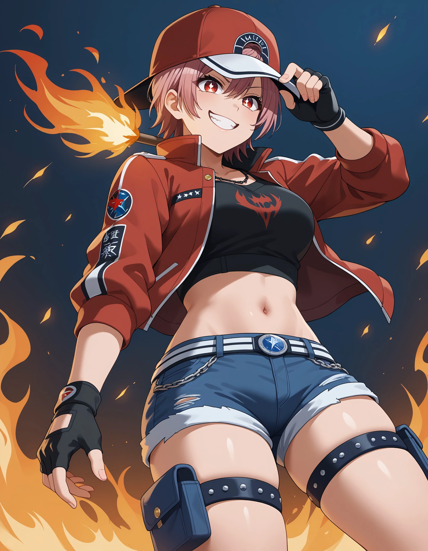 (masterpiece), best quality, expressive eyes, perfect face, shorts, gloves, hat, baseball cap, fingerless gloves, fire, smile, navel, jacket, breasts, midriff, backwards hat, grin, denim shorts, denim, short shorts, thigh strap, red jacket, weronika, <lora:9978bf9f-40d5-4498-a68a-63b306e8f0fc:0.7>