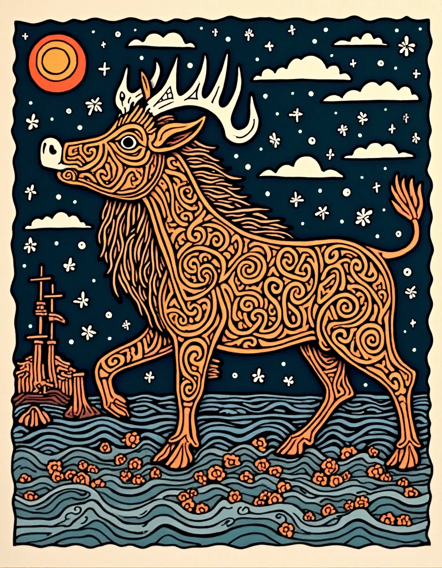 Boar colored papercut norseceltic style with a dark Beach <lora:norseceltic-fluxlora:0.3>