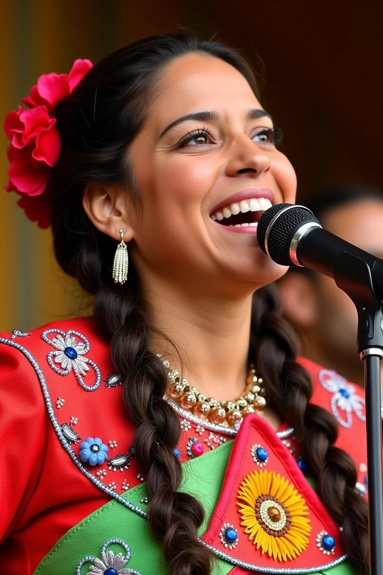 Close-up of Ana Claudia Talancon wearing a Mexican mariachi suit, smiling and looking at the people while singing a Mexican song. She has twin braids and a beautiful Mexican necklace, adding to her vibrant and authentic appearance. The scene is bathed in warm, natural light, highlighting her radiant smile and expressive eyes. Ana Claudia's pose captures the essence of a spirited and engaging musical performance, embodying the rich cultural heritage of mariachi music.