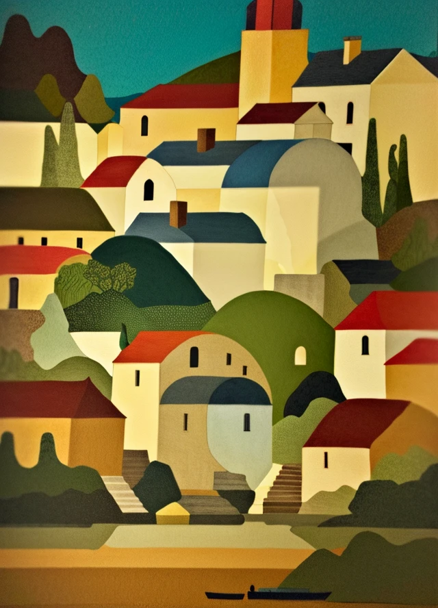 best quality,masterpiece,highly detailed,ultra-detailed, <lora:minimalism landscape_V02> minimalism vector art , scenery, landscape, 
A quaint village square in summer, warm earth tones radiating charm and coziness