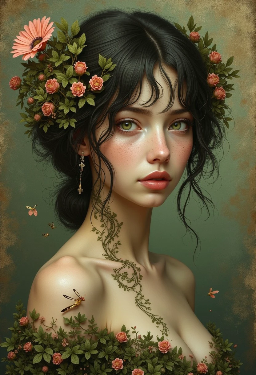 Antique-style background surface adorned with intricate 3D plant or flower designs.
nude dryad plant ethereal flower woman. brown hair. petals. tree. green eyes. dryad. monster girl. tree nymph. bug. hair ornament. floating hair. plant girl. tree spirit with light skin. almost melancholic undertone. fair porcelain skin. raven black hair with a few strands framing her face. Her eyes are green. high definition detail. she has relaxed shoulders. glamorous women art. photo-realistic digital painting featuring a woman with a striking pose. giving an impression of tranquility or possibly a dreamlike state. antique-style 1920s photo vignette effect.