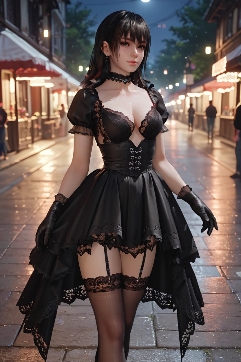 <lora:doa_nanami:0.9> nanami, black dress, choker, lace trim, black thighhighs, gloves, red accents, dark, night, gothic, moody, score_9, score_8_up, score_7_up, zPDXL3