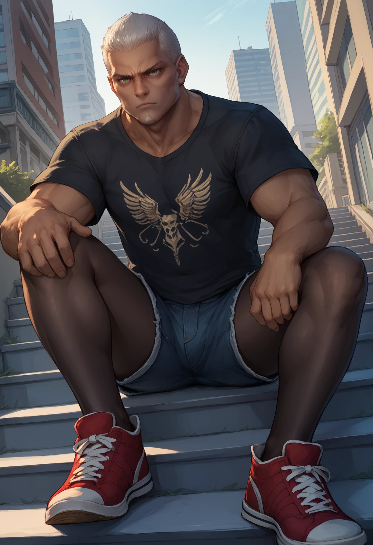 score_9, score_8_up, score_7_up, 1boy, hugokupka, dark-skinned male, mature male, green eyes, facial hair, beard, goatee, long sideburns, grey hair, very short hair, muscular male, photorealistic, 
graphic tee, black t-shirt, denim shorts, pantyhose under shorts, black pantyhose, red sneakers,
looking at viewer, serious, sitting, hand on own knee, knee up,
outdoors, city, stairs, dutch angle, low-angle view,
<lora:HugoKupka-PDXL_V1-Manityro-CAME:1.0>,