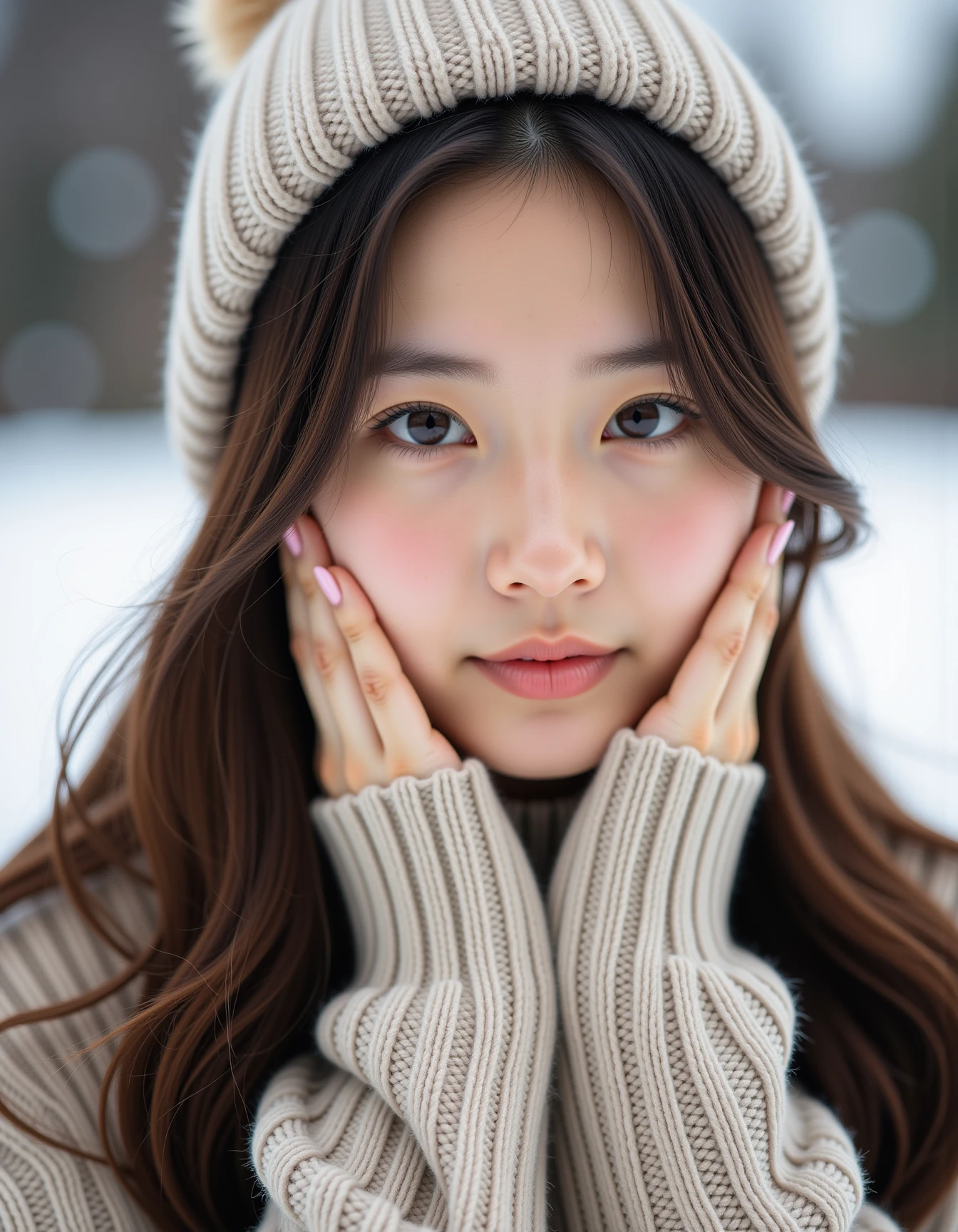 analogue photo of adult girl in sweater and sweater hat, looking at viewer, long hair, head shot, hold cheeks with hands, close-up, extremely beautiful detailed face, medium breasts, (cute face, temptations look), eye level,professional photo, high contrast exposure, soft bokeh, high key light, hard shadow, soft bokeh, snowing, snowing background, <lora:hinaFluxJPOPLokr_v1-rev3:0.9>