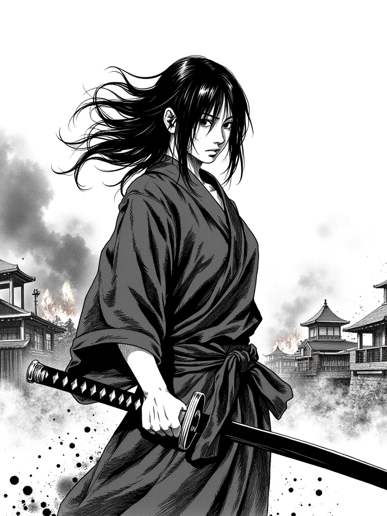 Ueno,a blank and white illustration of A woman stands defiantly against a backdrop of burning buildings, her hand resting on the hilt of a katana. Her expression is a mixture of grief and determination. Use dynamic linework, ink splatter, and bold brushstrokes to convey the chaos and tragedy of war.