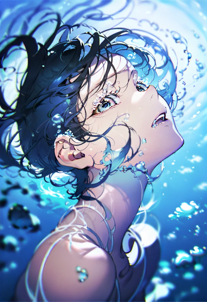 score_9, score_8_up, score_7_up, score_6_up, <lora:yoneyamaiXL_4T_lokrV_53P1:0.95> 1girl, solo, black hair, portrait, underwater, bubble, blue eyes, air bubble, short hair, tears, blue hair, parted lips, looking up, blue theme, open mouth, water, blurry, bangs