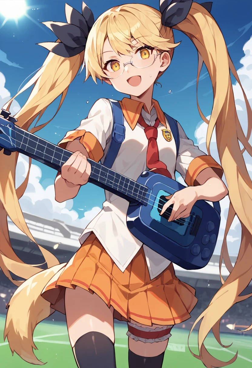 score_9,score_8_up,score_7_up,source_anime,masterpiece,best quality,1girl,solo,little_girl,bright_pupils,cowboy_shot,dynamic_angle,retoree_(show_by_rock!!),blonde hair,long hair,twintails,very long hair,yellow eyes,glasses,dog tail,hair ribbon,shirt,short_sleeves,red necktie,pleated skirt,orange skirt,black thighhighs,bridal garter,<lora:retoreeSB69:0.9>,night,stadium,instrument,guitar,smile,open mouth,sweat,looking_at_viewer,holding guitar,playing instrument,