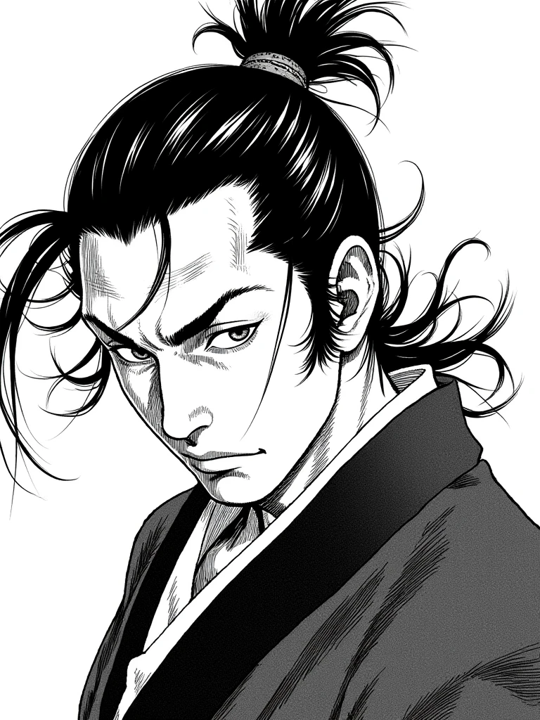 Ueno,a blank and white illustration of a middle-aged warrior. His gaze is sharp and melancholic, and his hair hangs in disarray. Bold brushstrokes is used to show his inner struggle and complexity.