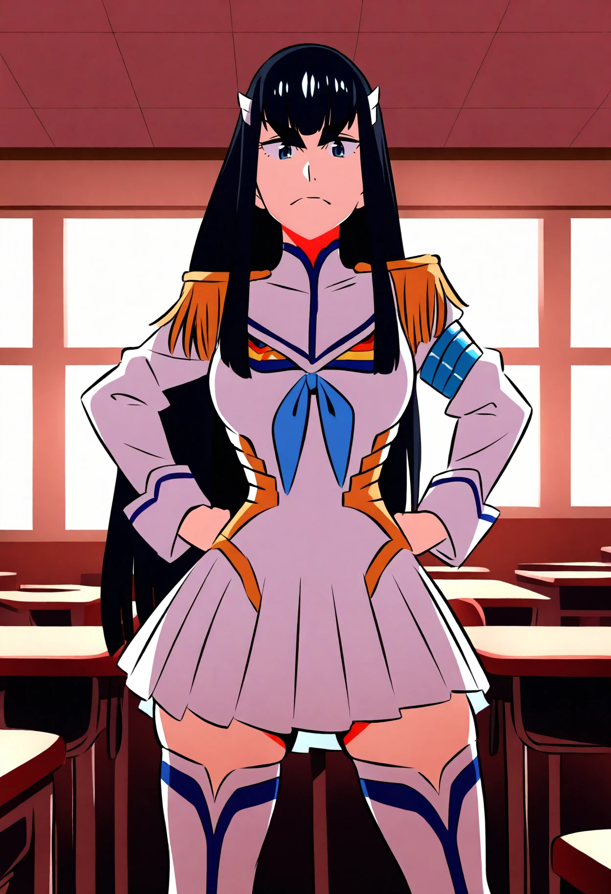 masterpiece, best quality, very aesthetic, absurdres BREAK
1girl, kiryuuin satsuki, black hair, long hair, blue eyes, thick eyebrows,
hair ornament, junketsu, dress, epaulettes, thighhighs,
hands on hips, standing, solo, looking at viewer, indoors, classroom background  <lora:SatsukiKiryuinIllustriousXL_byKonan:1>