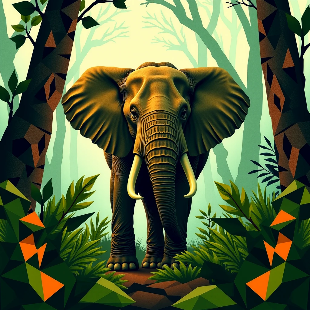 Geometric expressionism, artful depiction of an elephant in the misty jungle.
gmtrcCE style
