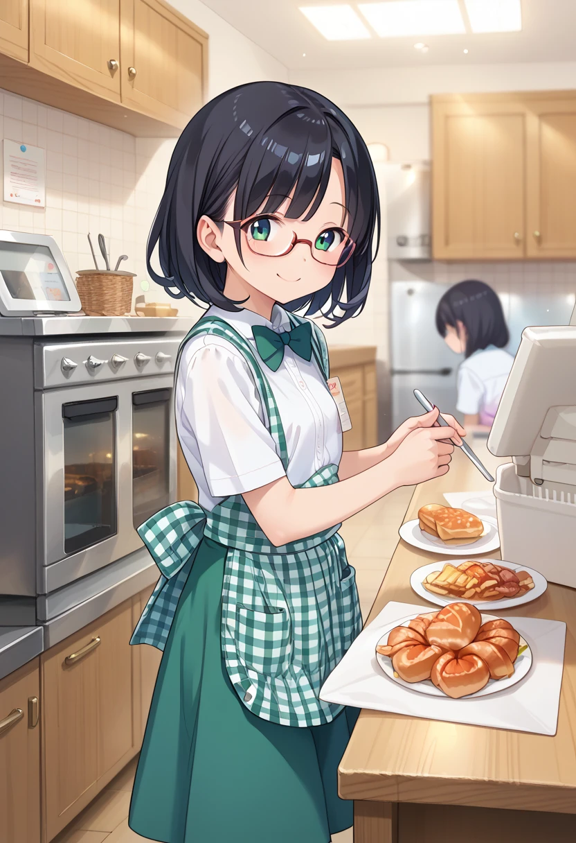 score_9, score_8_up, score_7_up, rating_safe, masterpiece, best quality, absurdres, unity 8k wallpaper, official art, official style, source_anime, uncensored, game cg, megami magazine,
1girl, solo, glasses, KSU, black hair, shirt, apron, indoors, white shirt, blurry, food, blurry foreground, holding, collared shirt, plaid, standing, short sleeves, skirt, gingham apron, gingham, green skirt, green bowtie, happy, smile, 
 <lora:koberya_stazzo_PONY_V1:1>