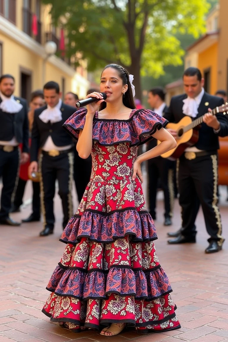 Ana Claudia Talancon wearing a mariachi dress, with braided hair and holding a microphone, standing in the middle of a town Zocalo, singing mariachi songs. A mariachi band plays in the background, creating a lively and vibrant atmosphere. The scene is bathed in warm, natural light, highlighting her authentic attire and passionate performance. Ana Claudia's pose captures the essence of a spirited and engaging musical moment, embodying the rich cultural heritage of mariachi music.