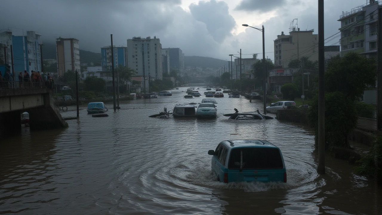A flooded urban area in Brazil after a catastrophic storm, with submerged cars, broken bridges, and people standing on rooftops waiting for rescue. Moody lighting with heavy rain and ominous skies. Photorealistic style.