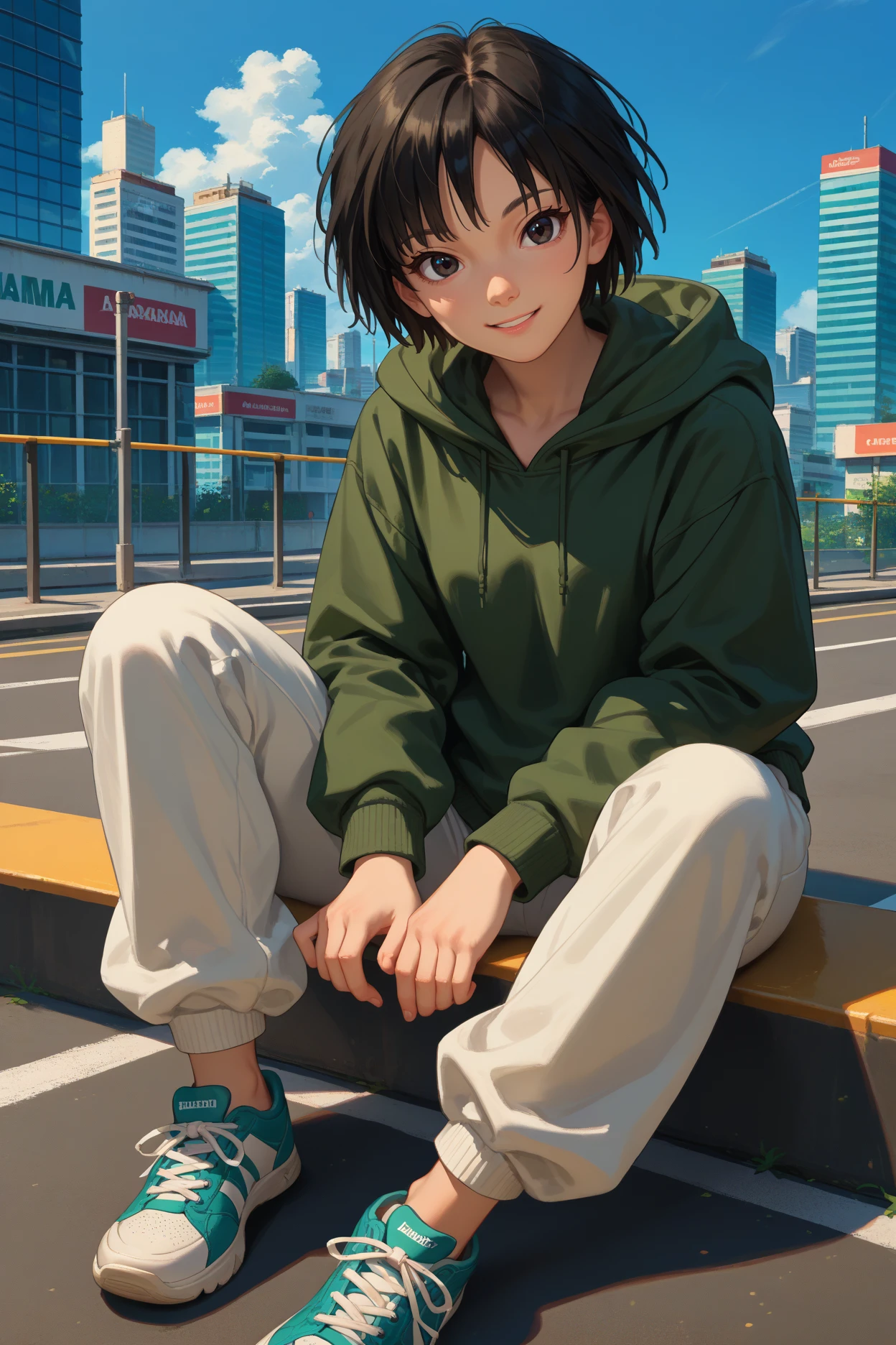 score_9, score_8_up, score_7_up, score_6_up, source_anime, 1girl, solo, <lora:ainanasaki-pdxl-nvwls-v1-000005:1> amagamiai, black hair, short hair, black eyes, green hoodie, white pants, track pants, looking at you, sitting, sneakers, blue sky, city, full body, happy