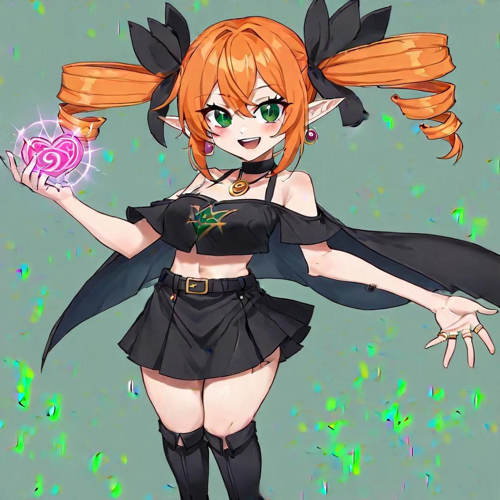 black skirt, choker, navel, earrings, 1girl, orange hair, skirt, drill hair, twin drills, solo, shorstack, boots, green eyes, smile, jewelry, pointy ears