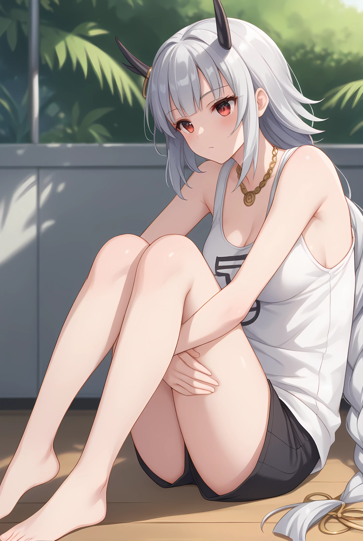 (casual clothes:1.20), gg-ouroboros, silver hair, black horns, long braid, red eyes, jewelry, necklace, medium breasts, 1girl, solo, skinny, score_9, score_8_up, score_8, score_7_up, score_7, score_6_up, score_6, score_5_up, score_5, source_anime, blush, pokemon gym, (1.3::full body|0.3::sitting|0.4::standing|0.4::lying|straight-on|0.6::close-up| :1.20), feet, <lora:gg-ouroboros-V01-000004:0.60>