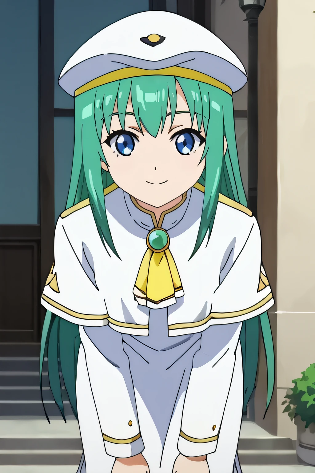 score_9, score_8_up, score_7_up, source_anime, rating_safe, intricate details, anime screencap, official style, 1girl, <lora:Carroll:1>, carroll, green hair, blue eyes, alternative costume, white beret, white capelet, yellow ascot, brooch, long sleeves, long dress, dress, side slit, print dress, standing, venice, hands on knees, bent over, cowboy shot, smile