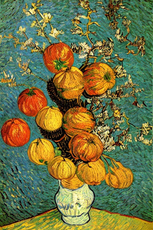 <lora:VanGogh-10:1>, Van Gogh, A still life arrangement of fruits and flowers on a patterned tablecloth.