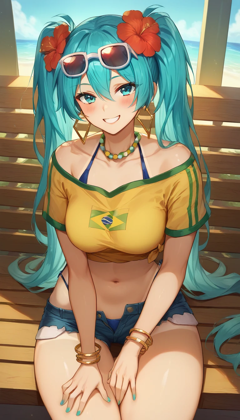 score_9,score_8_up,score_7_up,score_6_up BREAK official art,solo,outdoors,upper body,(portrait:1.5),looking at viewer,facing viewer,smile,blush,Brazilian Miku,hatsune miku,bikini tan,tanlines,shiny skin,very long hair,aqua hair,twintails,eyewear on head,sunglasses,hair ornament,hair flower,red flower,hibiscus,hoop earrings,parted bangs,hair between eyes,aqua eyes,collarbone,bead necklace,off-shoulder shirt,yellow shirt,short sleeves,halterneck,highleg bikini,string bikini,blue bikini,bikini under clothes,jewelry,bangle,aqua nails,medium breasts,crop top overhang,navel,denim shorts,short shorts,open fly,groin,thighs,thigh gap,sandals,<lora:Brazilian Miku(voc)-Pony:1.8>,