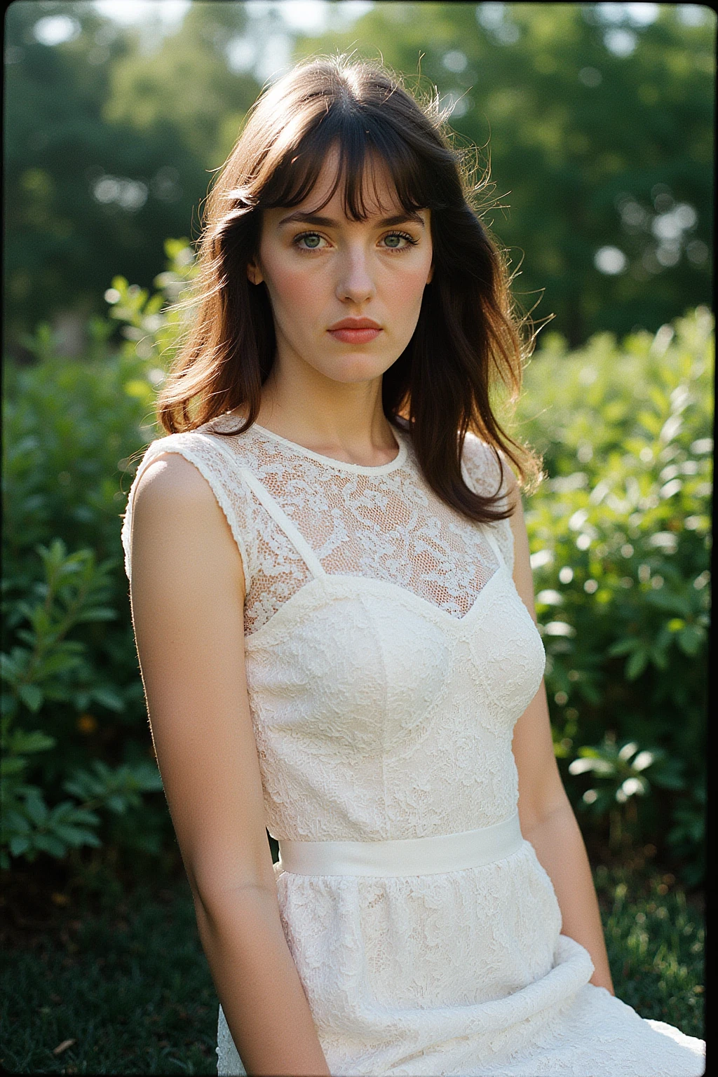 photo of a beautiful woman.
(modern photo, A white lace dress, paired with pink high heels, for a sweet and feminine look:1.1), closeup portrait, 85mm, (analog, cinematic, film grain, hazy atmosphere:1.3), ((A garden in the afternoon, with sunlight shining through the leaves:1.2)), detailed eyes, (painted lips), (seductive), (cinematic shot:1.3),
