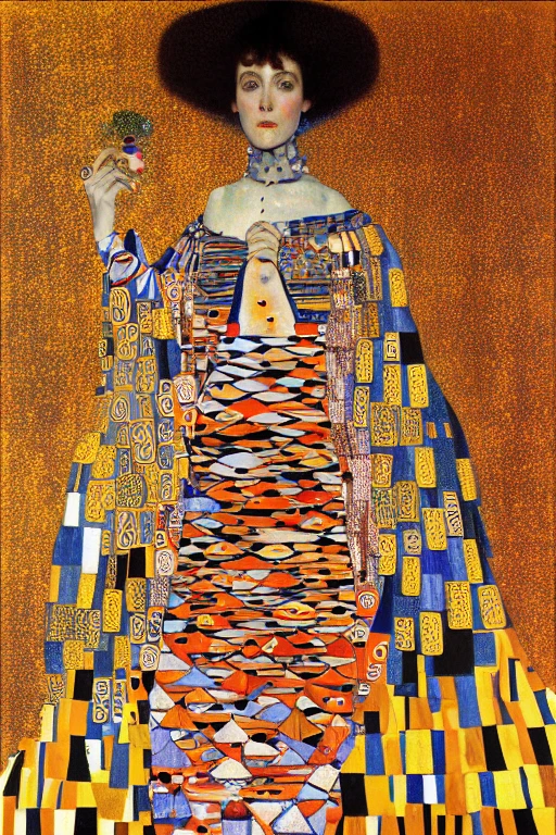 <lora:Klimt-10:1>, Klimt, A portrait of a woman in a colorful dress, with expressive eyes and intricate patterns.