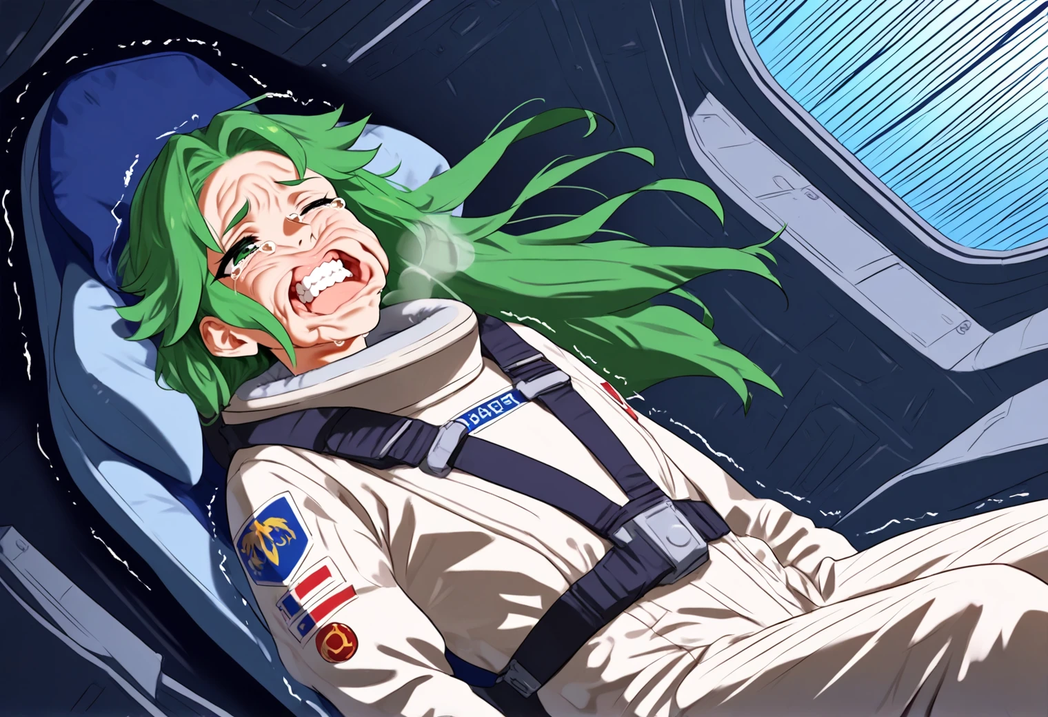 yd \(orange maru\),science fiction,1girl,palutena,spacesuit,astronaut,armor,full body,green hair,long hair,green eyes,solo,sitting,in peril,(seat),(seatbelt harness:1.2),cushion,arms at sides,open palm,head back,(trembling:1.6),(cockpit:1.4),(gaming chair:1.2),indoors,hair swept back,floating hair,(speed lines:1.2),(dutch angle:1.2),(window:1.1),(wrinkled skin:1.2),(clenched teeth:1.2),on back,wind,leaning back,head tilt,from side,(heavy breathing:1.2),looking ahead,half closed eyes,one eye closed,crying with open eyes,struggling,(machinery:1.4),masterpiece,best quality,very aesthetic,absurdres,intricate details,<lora:gforceillustest-000012:0.8> <lora:novel_style_illustrious-xl-epo15:0.4>