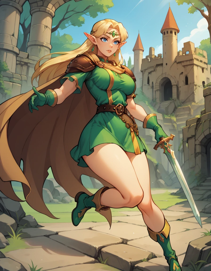 score_9, score_8_up, score_7_up,score_6_up, score_5_up, score_4_up ,
1girl, solo,
large breasts, 
luciadg,
long hair, blue eyes, blonde hair, pointy ears,
armor, circlet, pauldrons, cape, jewelry,   green gloves, belt, short dress,  green dress,
fighting stance, holding sword, green footwear,
ruins, castle,  forest, 
 <lora:Lucia Elf DnD PXL v01-000003:0.80>