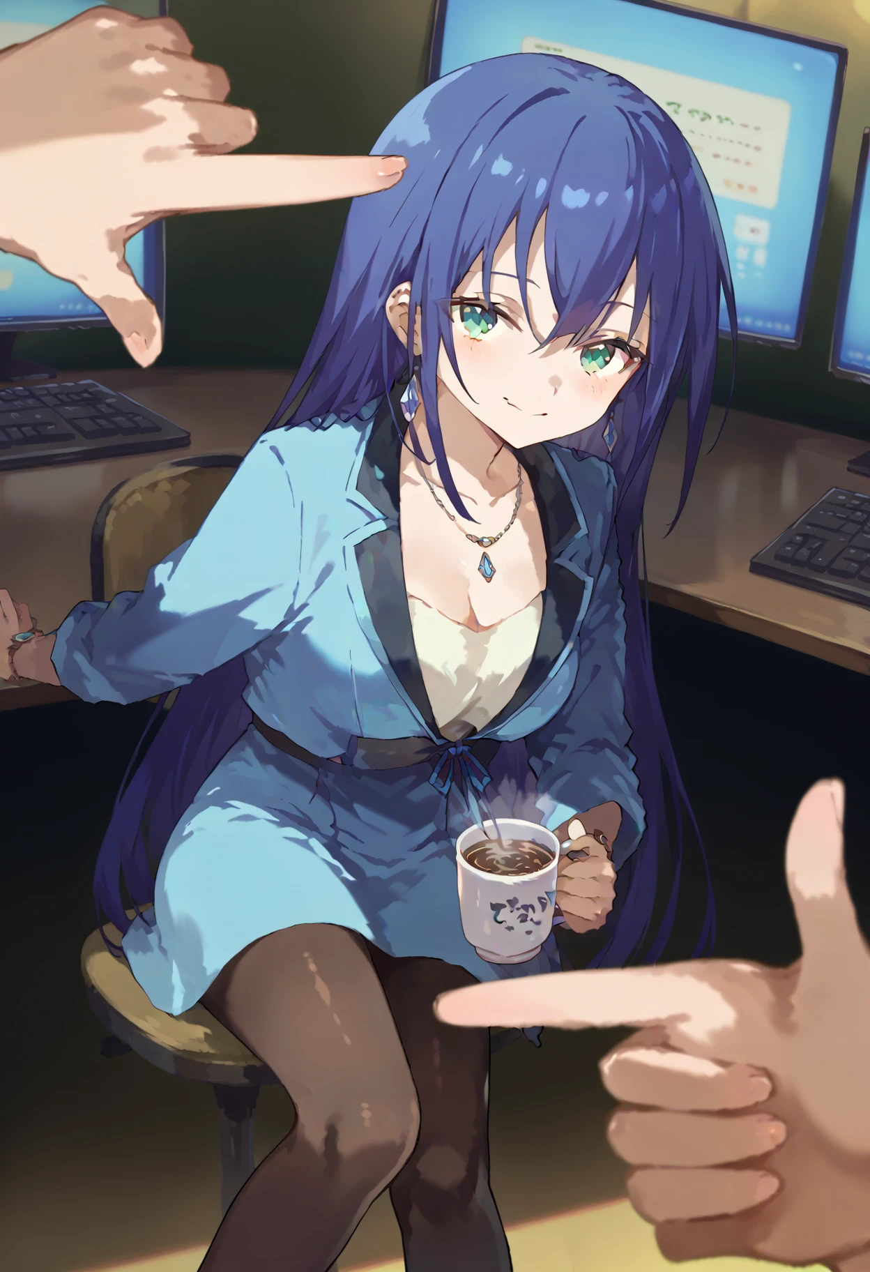 score_9, score_8_up, score_7_up, source anime, finger frame, pov hands, finger gun, yuugiri ayano,engage kiss,rasahan,1girl,black pantyhose,blue hair,blue jacket,blush,breasts,collarbone,cup,disposable cup,green eyes,holding,holding cup,jacket,jewelry,large breasts,long hair,looking at viewer,monitor,mug,necklace,pantyhose,skirt,smile,solo