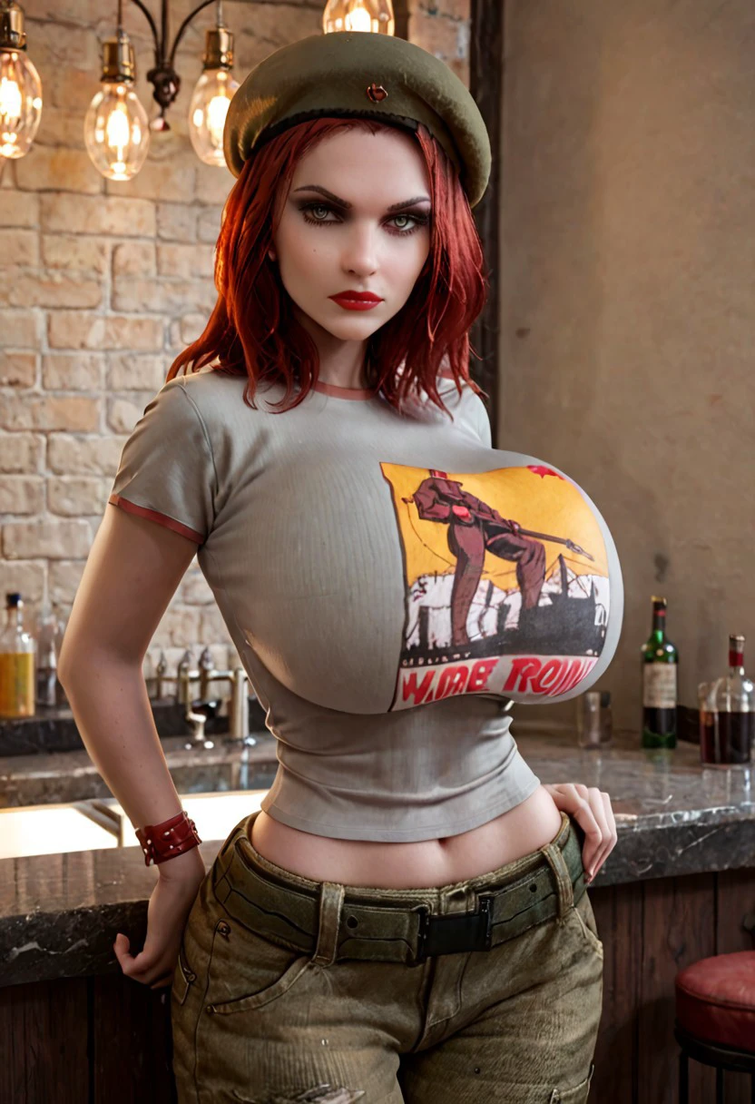 score_9, score_8_up, score_8, damsel, vtmb, red hair, lipstick, grey eyes, green beret,  tight grey tshirt, tshirt, red leather bracelets, pale skin, green cargo pants, big breasts, huge breasts, narrow waist, wide hips, beautiful, stern expression, huge breasts, round breasts, ((large breasts)), breasts, (perky big breasts), perfect round elastic breasts, 1girl, perfect eyes, dark bar, bar room, amber lights, rimlight, perfect hands, ((narrow waist)), huge ass, PVC figure, closed mouth, skindentation, realistic, night time, dark,