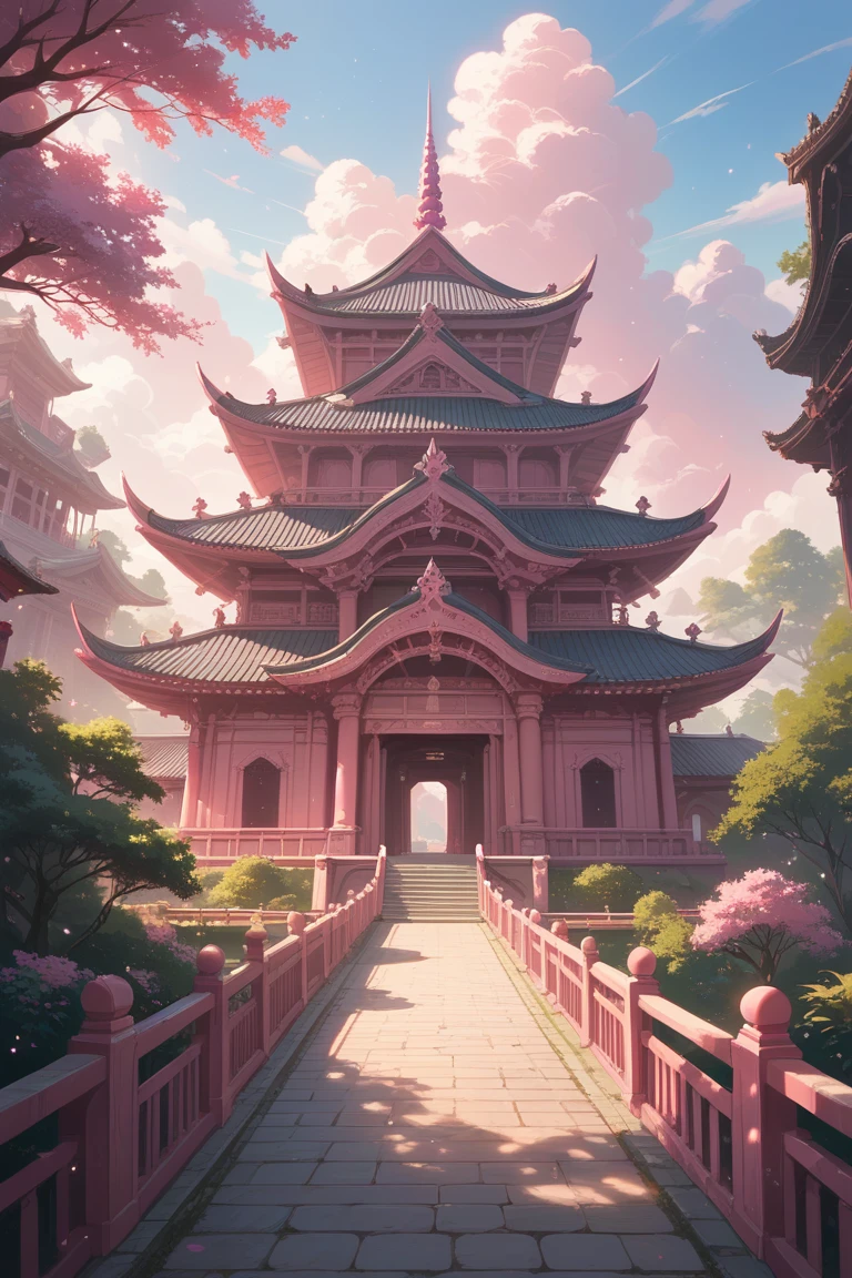 score_9, score_8_up, score_7_up, source_anime, rating_safe, day, natural lighting, building focus, Datemple, pink temple, pink magic, particles, giant clouds, sunlight, intricately detailed illustration, depth of field, atmospheric perspective, long shot, scenery, high fantasy, pink theme