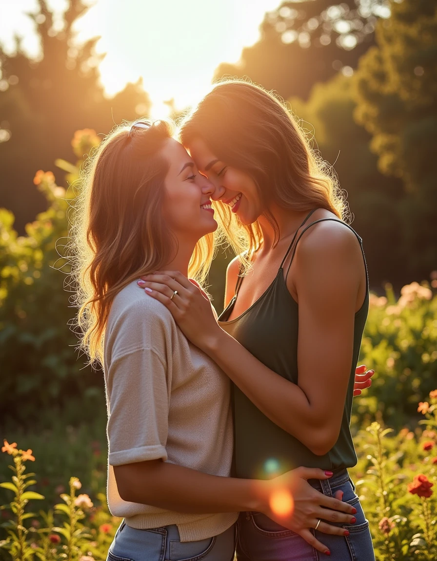 safe_pos,<lora:Lesbian Lovers (Flux):1>,two woman standing in a garden in a loving embrace on a warm summers day,