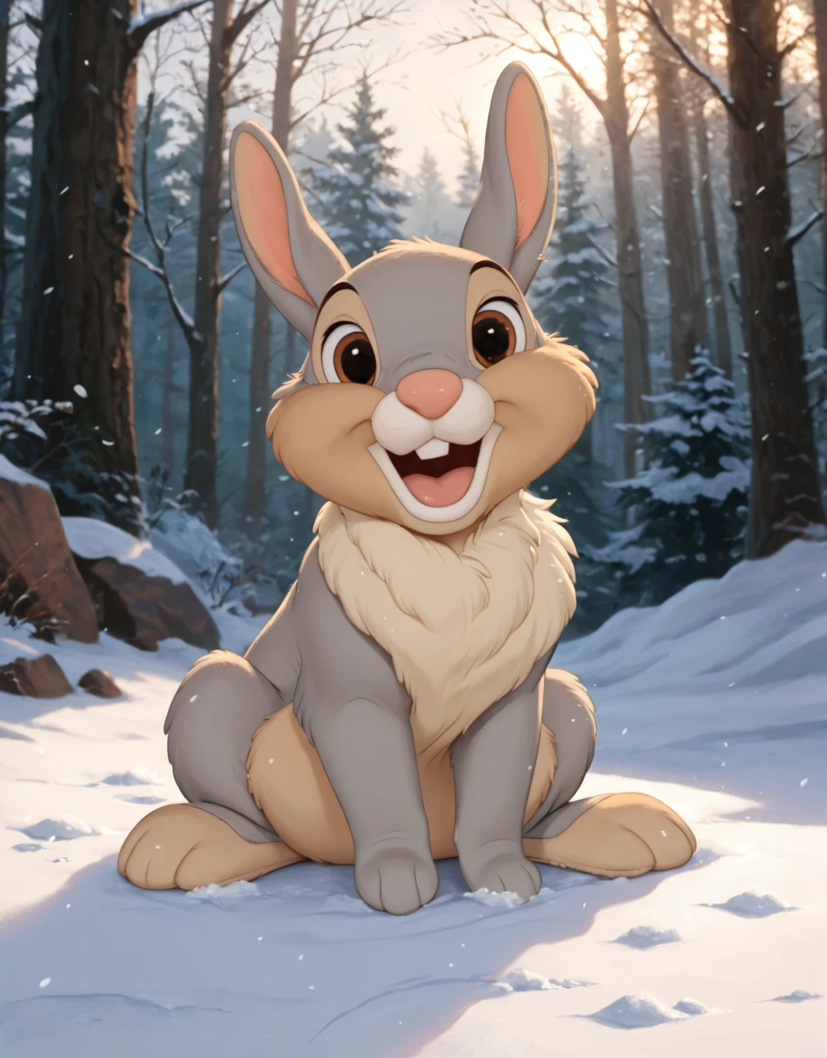 <lora:J_cartoon:0.8>, j_cartoon, <lora:ThumperXL:0.9>, thumper, score_9, score_8_up, score_8, Disney, solo, feral, male, detailed fur, (gray fur), open mouth, rabbit teeth, (hazel eyes), ((looking at viewer)), breathtaking, cute, environmental lighting, award-winning, professional, highly detailed, ((detailed shaders)), adorasexy, beautiful, high quality, outdoors, snowy forest, sitting, ((( foot raised))), ((three toes)), <lora:Furtastic_Detailer:1>,