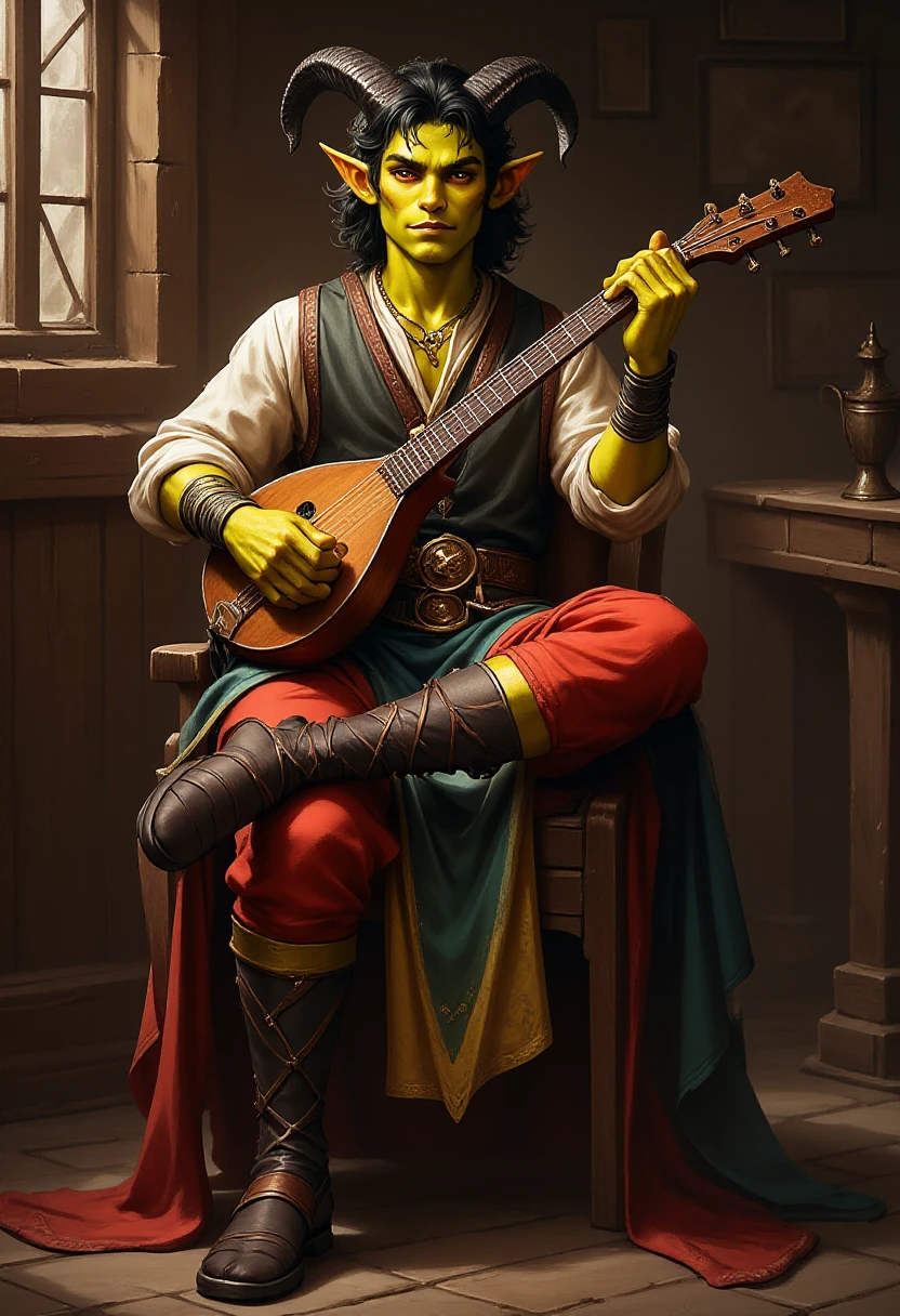 <lora:Tieflings_Flux:1>  a male fluxtief with yellow skin and black hair, wearing a colorful outfit, sitting on a chair in a tavern, crossing his legs and playing a lute.