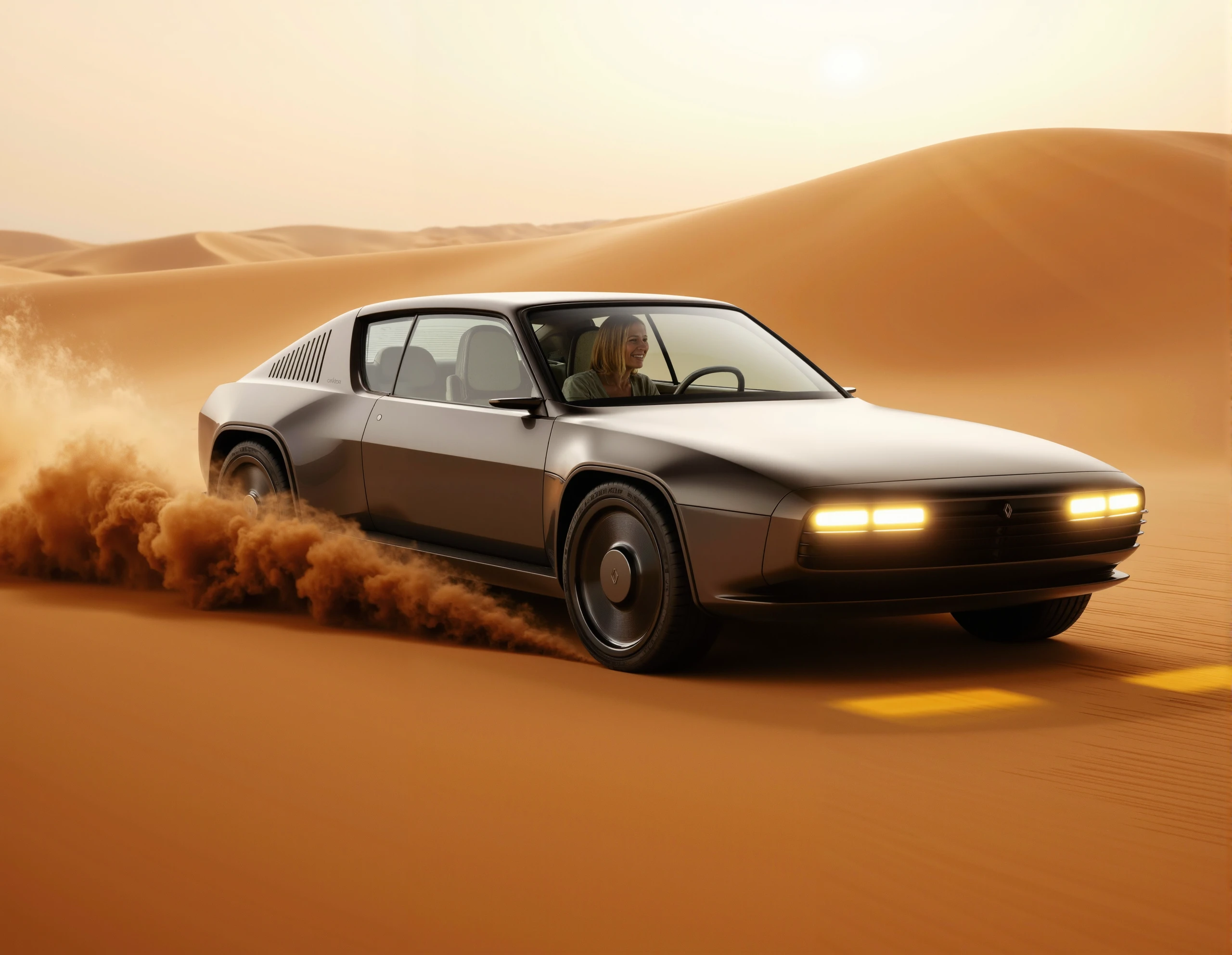 Create a captivating desert scene featuring a Renault R17 driving across golden sand dunes at sunset.Blonde Female driver, The R17, with its sleek black and silver body and sharp, angular lines, cuts through the sandy terrain with ease. The vehicle’s distinctive headlights glow against the dimming light, casting a warm reflection on the smooth metallic surface as the last rays of sunlight stretch across the horizon.

The surrounding desert landscape is bathed in soft orange and golden hues, with sand swirling gently around the car’s wheels, emphasizing its power and capability in this rugged environment. The dunes roll into the distance, creating a sense of vastness and adventure. The car's polished exterior contrasts beautifully with the natural textures of the shifting sands, blending modern luxury with the raw beauty of the desert. The entire composition evokes a sense of freedom, exploration, and the thrill of driving through untouched landscapes