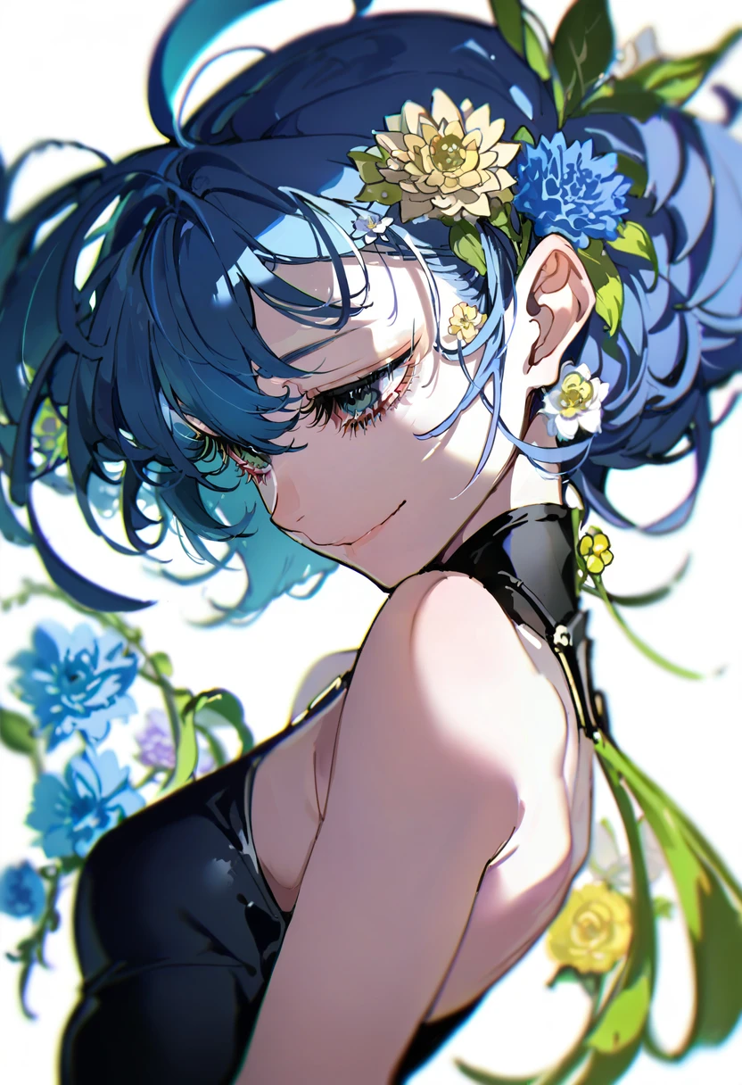 score_9, score_8_up, score_7_up, score_6_up, <lora:yoneyamaiXL_4T_lokrV_53P1:0.95> 1girl, solo, flower, blue hair, blue flower, yellow flower, white background, from side, bare shoulders, upper body, eyelashes, hair flower, blurry, hair ornament, white flower, closed mouth, simple background, bangs, smile, pink flower, sleeveless