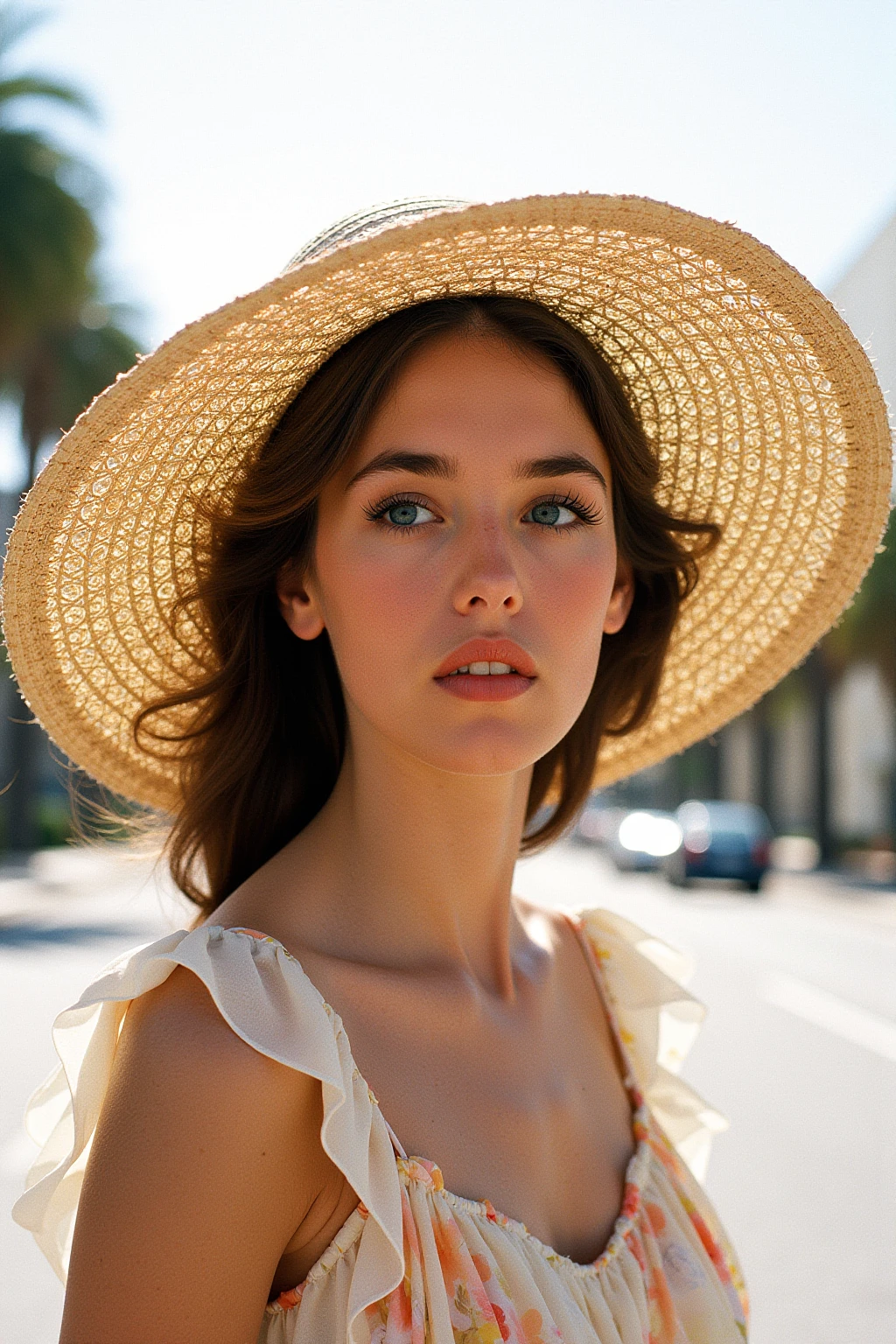 (modern photo,Flowy sundress, straw hat:1.1), closeup portrait, 85mm, (analog, cinematic, film grain, hazy atmosphere:1.3), ((Palm tree-lined boulevard backdrop, vibrant and sunny, summer afternoon:1.2)), detailed eyes, (painted lips), (seductive), (cinematic shot:1.3),




 








