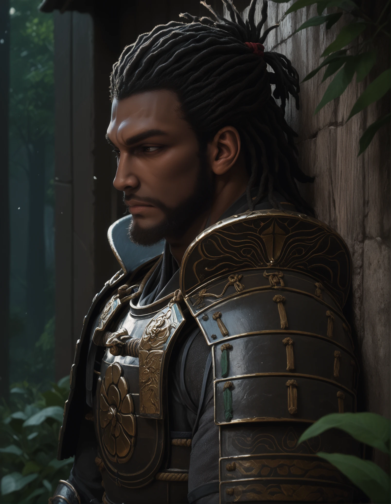 score_9, score_8_up, score_7_up, score_6_up, score_5_up, <lora:ACShadows_t3-08-128:1.0>
, 1boy, Yasuke, brown eyes, black hair, japanese armor
, wall, seductive pose, from side, solo
, outdoors, forest, at night, feudal japan