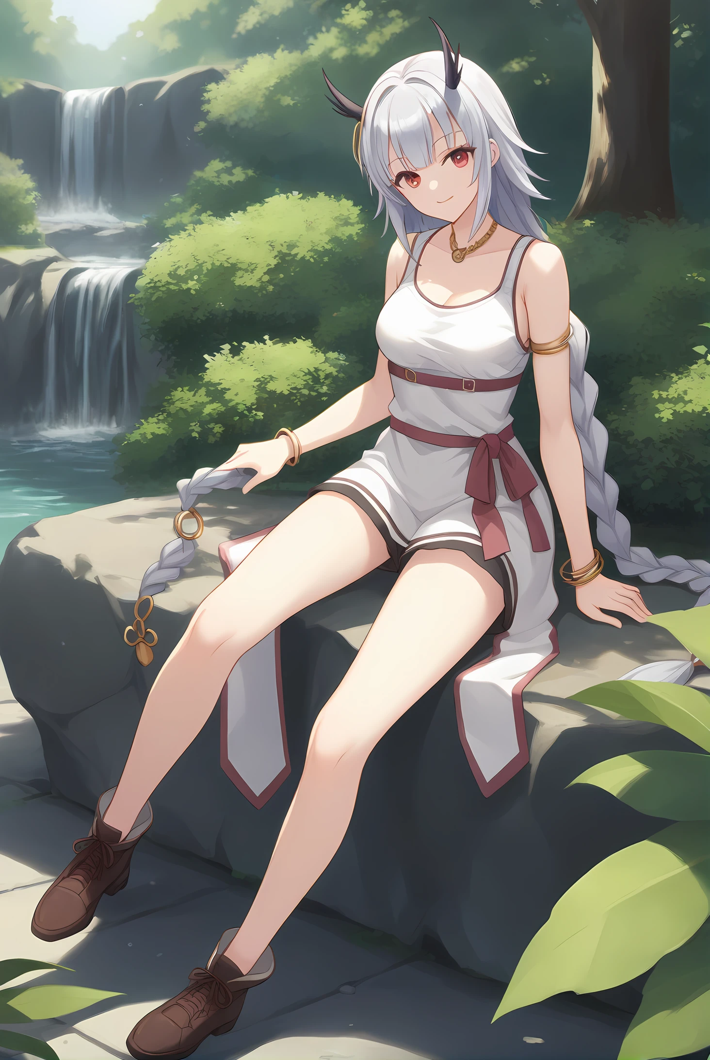 (casual clothes:1.20), gg-ouroboros, silver hair, black horns, long braid, red eyes, jewelry, necklace, medium breasts, 1girl, solo, skinny, score_9, score_8_up, score_8, score_7_up, score_7, score_6_up, score_6, score_5_up, score_5, source_anime, happy, outdoors, (1.3::full body|0.3::sitting|0.4::standing|0.4::lying|straight-on|0.6::close-up| :1.20), , <lora:gg-ouroboros-V01-000004:0.70>