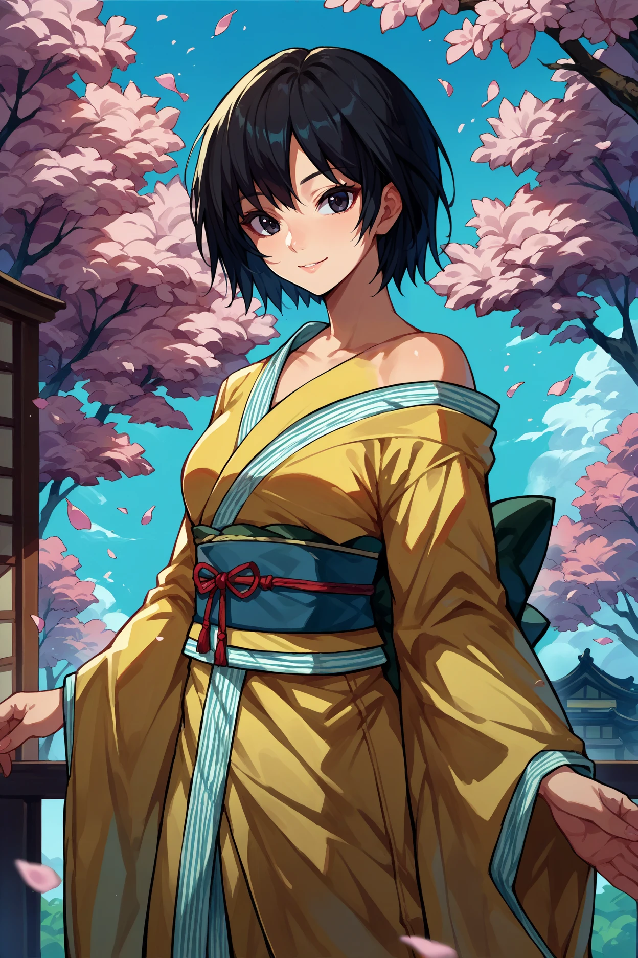 score_9, score_8_up, score_7_up, score_6_up, source_anime, 1girl, solo, <lora:ainanasaki-pdxl-nvwls-v1-000005:1> amagamiai, black hair, short hair, black eyes, yellow kimono, sash, off shoulder, looking at you, smile, wide sleeves, cherry blossoms, blue sky