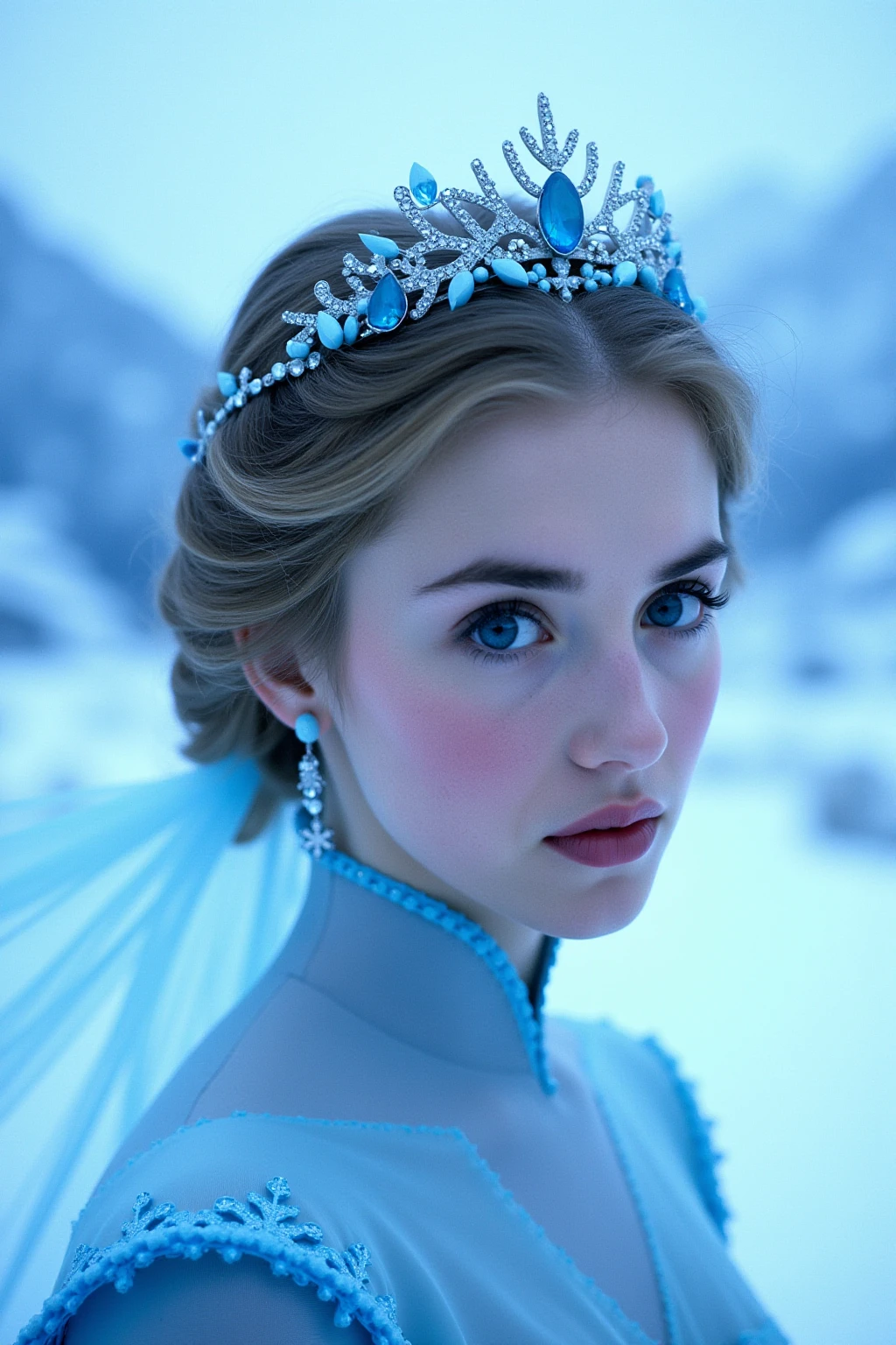 (modern photo,Icy blue gown, snowflake accessories, shimmering tiara:1.1), closeup portrait, 85mm, (analog, cinematic, film grain, hazy atmosphere:1.3), ((Frozen winter wonderland backdrop, snow-covered mountains, glistening ice palace, capturing the magical and wintry atmosphere of the beloved animated film:1.2)), detailed eyes, (seductive), (cinematic shot:1.3),

 








