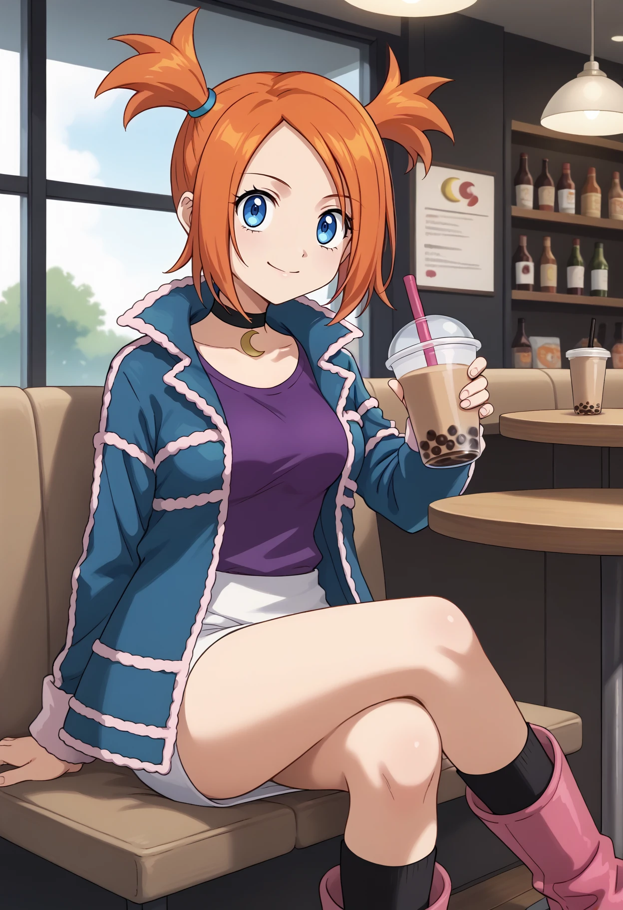 score_9, score_7_up, source_anime, 1girl, sitting, crossed legs, smile, closed mouth, bubble tea, <lora:RuiPKMN-pdxl:1> ru1, orange hair, short twintails, blue eyes, black choker, crescent, purple shirt, medium breasts, blue jacket, fur trim, long sleeves, open jacket, white skirt, black socks, knee boots, pink footwear, cafe, indoors