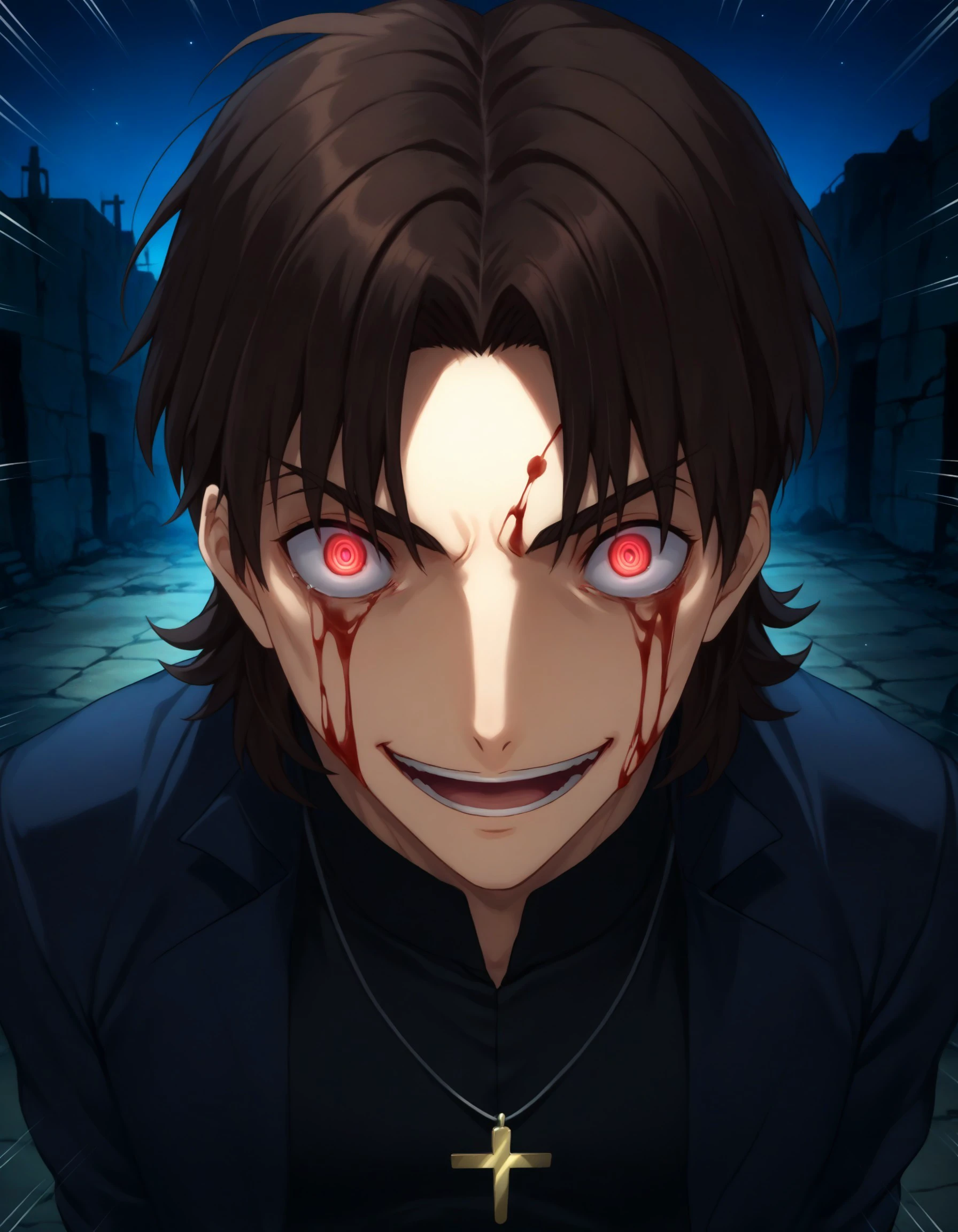 score_9, score_8_up, score_7_up, score_6_up, source_anime, ruins, (fire), night,
BREAK
kotominekirei, kotomine kirei, 1boy, mature male, brown hair, red eyes, black shirt, long coat, cross necklace, blood on face, sunken cheeks, crazy eyes, glowing eyes, @ @, from above, looking up, frown, straining, emphasis lines, crazy smile, evil smile, open mouth, insanity-angle, face close-up,, 
<lora:kireikotomine:0.8> <lora:insanity-angle:1>