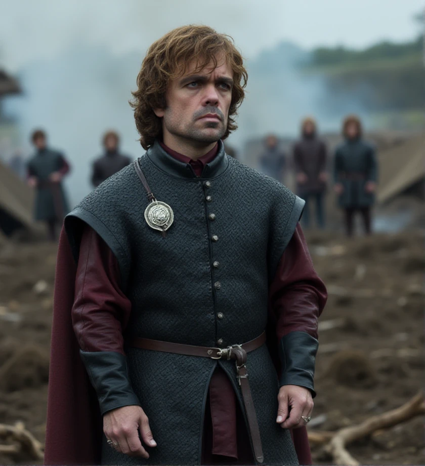 f/2.8 , bokeh,  <lora:tyrion-lannister-flux-t1or4:1.2> t1or4, man, game of thrones style, t1or4 stands on a battlefield, wearing black leather armor with gleaming steel trimmings. Underneath, he wears a red tunic, symbolizing his house. The field is strewn with weapons and bodies, with smoke rising from the burned tents.