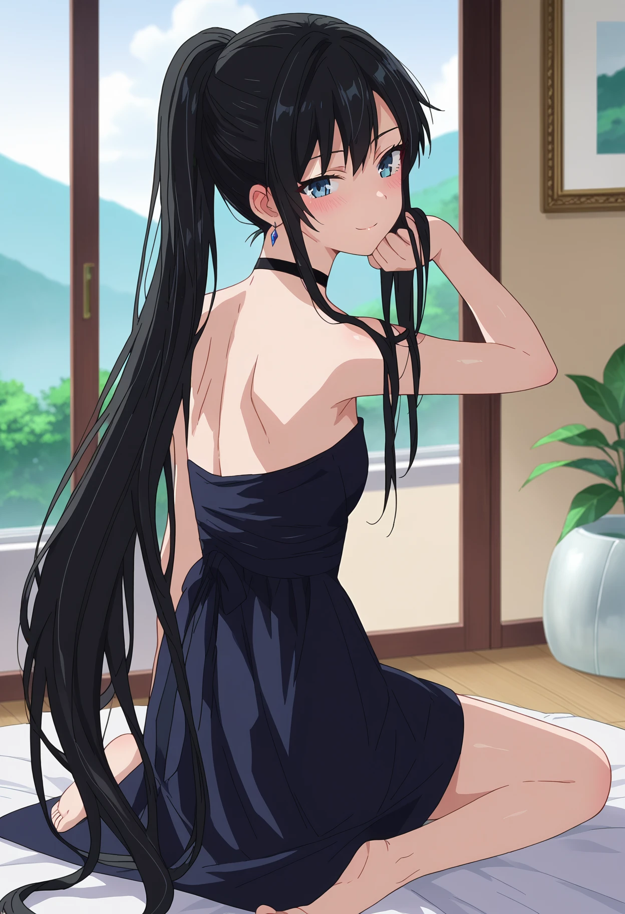 score_9, score_8_up, score_7_up, source_anime, 
BREAK
<lora:shiQianDaiYiyuV1:1>,
1girl, solo,  anime screencap, anime coloring, 
<lora:shiYukinoV2:0.9>, yukidre, black hair, long hair, blue eyes, ponytail, strapless dress, black choker, black dress, very long hair, choker, 
looking at viewer, smile, blush,  
from behind, kneeling, hand in own hair,