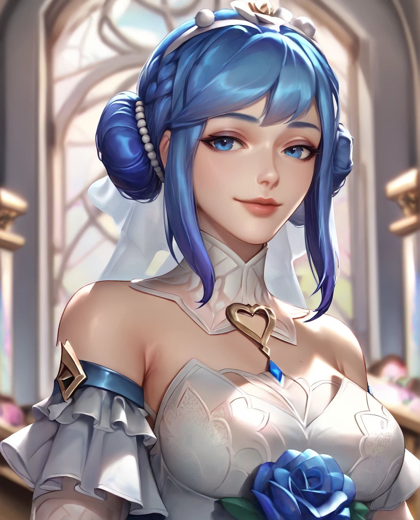 score_9, masterpiece, beautiful, gorgeous, perfect, league of legends, crystal rose, 1girl, 
front view, upper body view, (smirk:0.8), (half closed eyes:0.8), 
crsona, blue hair, blue eyes, hairbun, braid, bangs, hair ornament, detached collar, detached sleeves, white top, 
chapel, church, indoors, perfect
 <lora:Crystal_Rose_Sona_PonyXL:1>