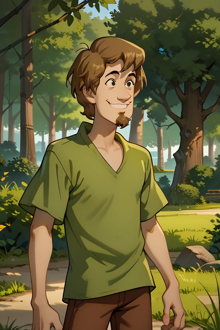 score_9, score_8_up, score_7_up, ShaggyRogers, 1boy, goatee, brown hair, brown pants, green shirt, solo, standing, leaning against Mystery Machine, smiling, day, outdoors, sunny, trees, grass