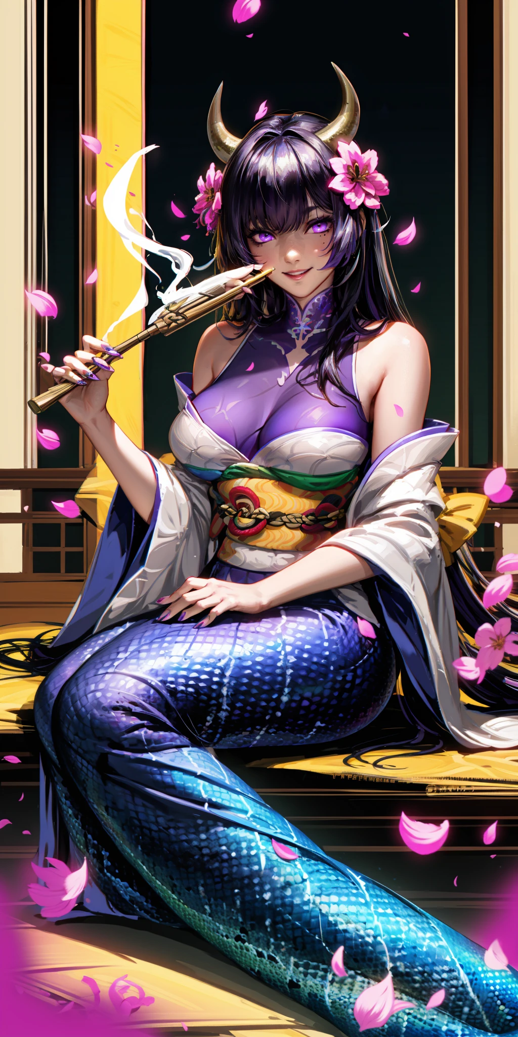 HEZI,Hot girls,Two dimensional,hand drawing,atmosphere,1girl, hair ornament, holding, monster girl, kimono, japanese clothes, lamia, hair flower, breasts, long hair, black hair, bangs, flower, solo, hand fan, looking at viewer, glowing, long sleeves, large breasts, glowing eyes, hand up, smoke, wide sleeves, purple eyes, indoors, pink eyes, mermaid, detached sleeves, fingernails, holding fan, sitting, ghost, sharp fingernails, parted lips, scales, colored skin, horns, artist name, night, official alternate costume, snake, solo focus, jewelry, closed mouth, purple lips, medium breasts, petals, smoking pipe, bare shoulders, claws, animal, alternate costume, obi, smile, outdoors, hair stick, teeth, magic, long fingernails, sash, purple hair, comb, shiny, mole, folding fan,<lora:辣妹-000022:0.7>,